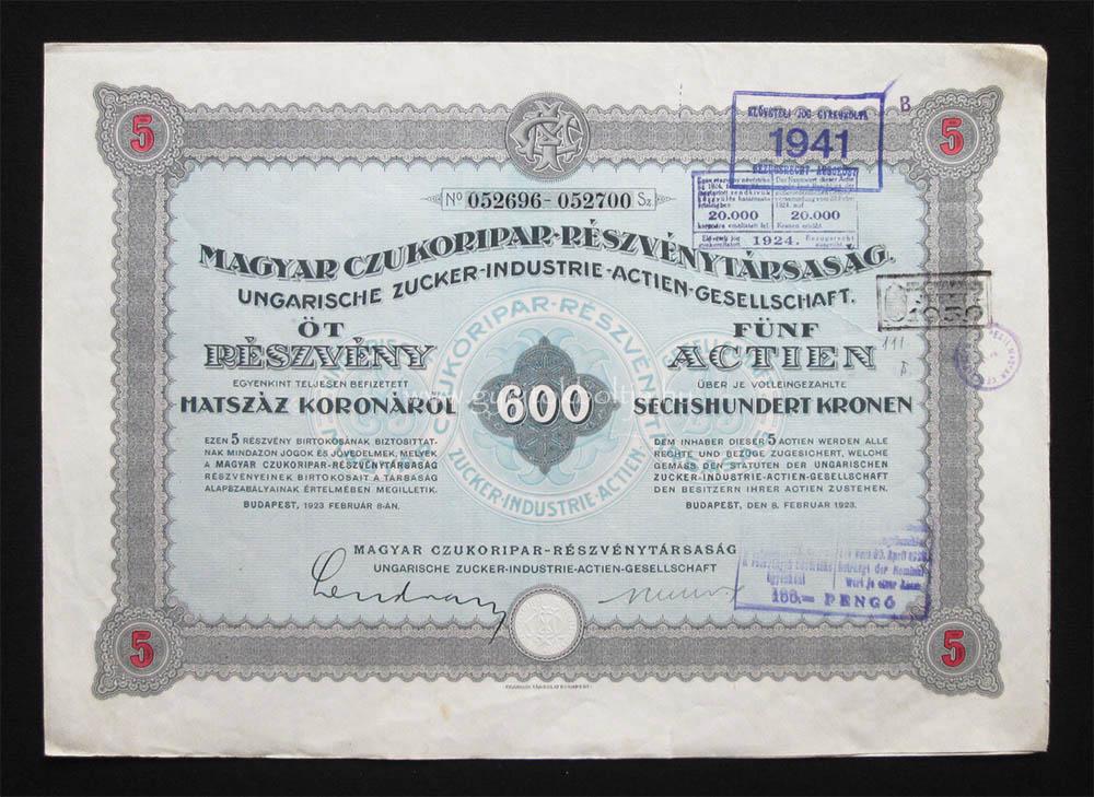 Magyar Czukoripar (cukor) Rt. részvény 5x600 korona 1923